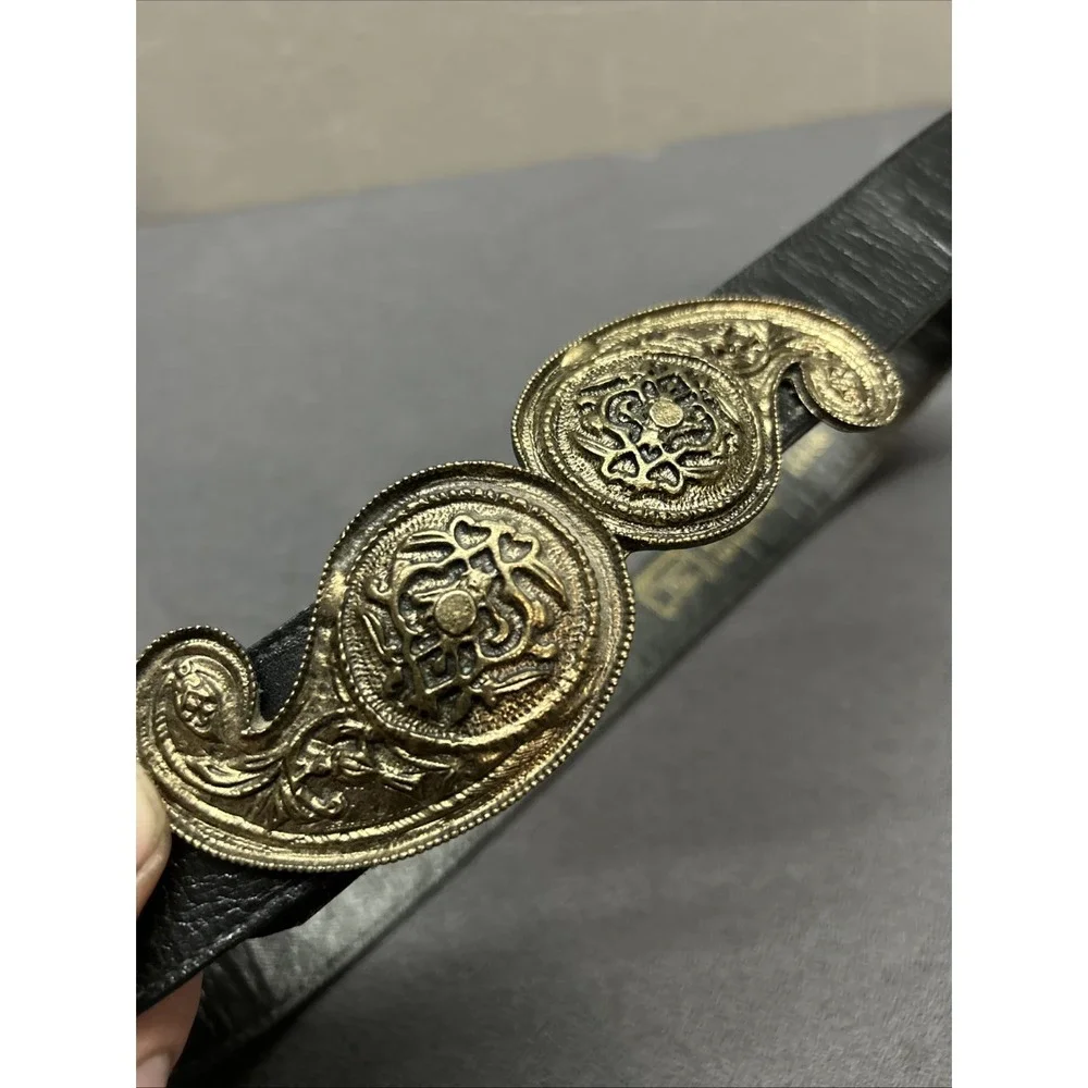 Rare Vintage Christian Dior Leather Belt Brass Teardrop Paisley Buckle